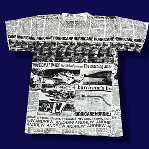Vintage 90s Hurricane Andrew AOP Tee Shirt Single Stitch Tabloid Newspaper Sz M